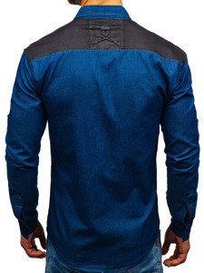 Men's Long Sleeve Patterned Denim Shirt Navy Blue Bolf 0517