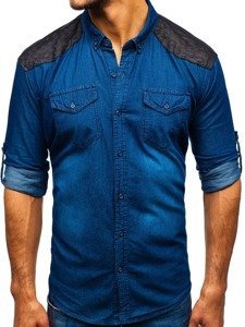 Men's Long Sleeve Patterned Denim Shirt Navy Blue Bolf 0517