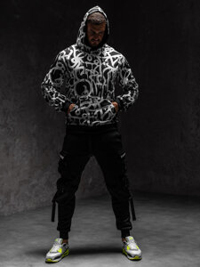 Men's Printed Kangaroo Hoodie Black-White Bolf 8B1152A1