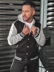 Men's Printed Zip Baseball Jacket with Hood Black Bolf 07