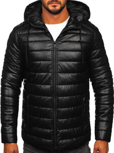 Men’s Quilted Leather Winter Jacket Black Bolf 11Z8088