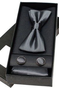 Men's Set Bow Tie, Cufflinks, Pocket Square Dark Grey Bolf MSP01