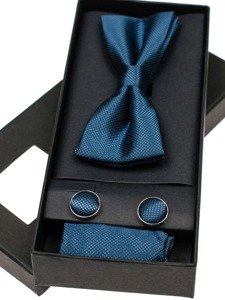 Men's Set Bow Tie, Cufflinks, Pocket Square Navy Blue Bolf MSP01