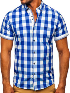 Men's Short Sleeve Checkered Shirt Royal Blue Bolf 4508