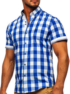 Men's Short Sleeve Checkered Shirt Royal Blue Bolf 4508