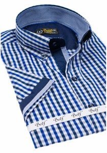 Men's Short Sleeve Checkered Shirt Royal Blue Bolf 4510