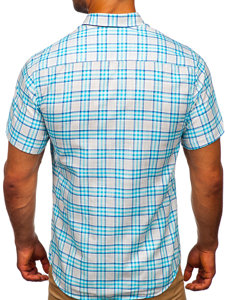 Men's Short Sleeve Checkered Shirt Sky Blue Bolf 201501