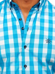 Men's Short Sleeve Checkered Shirt Sky Blue Bolf 4508