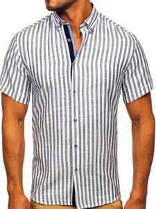 Men's Short Sleeve Striped Shirt Navy Blue Bolf 21500