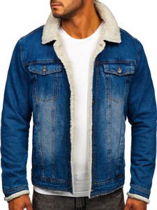 Men's Warm Denim Trucker Jacket with Furry Collar Navy Blue Bolf 1153