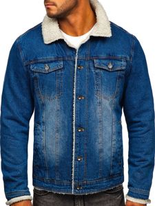 Men's Warm Denim Trucker Jacket with Furry Collar Navy Blue Bolf 1153