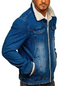 Men's Warm Denim Trucker Jacket with Furry Collar Navy Blue Bolf 1153