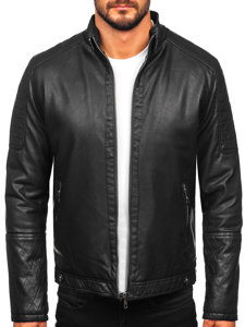 Men's Warm Leather Biker Jacket Black Bolf 92535