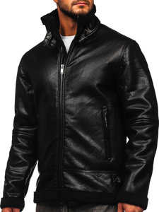 Men's Warm Leather Jacket with Sheepskin Black Bolf EX930