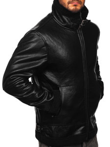 Men's Warm Leather Jacket with Sheepskin Black Bolf EX930