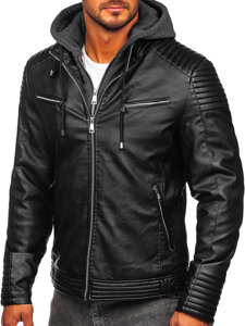 Men's Warm Leather Jacket with hood Black Bolf 11Z8063