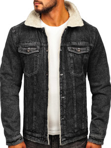 Men's Warm Trucker Denim Jacket with Furry Collar Black Bolf 1160