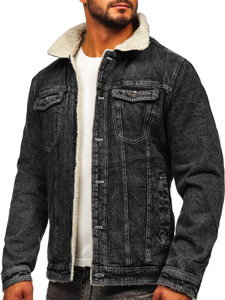 Men's Warm Trucker Denim Jacket with Furry Collar Black Bolf 1160