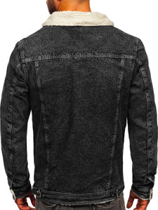 Men's Warm Trucker Denim Jacket with Furry Collar Black Bolf 1160