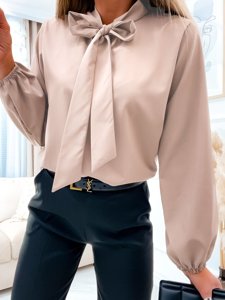 Women's Elegant Long Sleeve Shirt with a Bow Beige Bolf 644