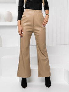 Women's Faux Leather Flared Pants Beige Bolf W7585