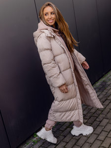 Women's Longline Quilted Coat Jacket with hood Beige Bolf R6702A