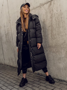 Women's Longline Quilted Coat Jacket with hood Black Bolf R6702A