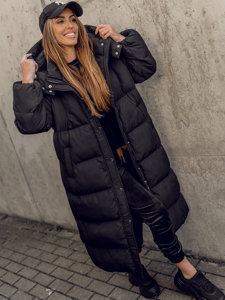 Women's Longline Quilted Coat Jacket with hood Black Bolf R6702A