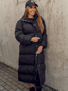 Women's Longline Quilted Coat Jacket with hood Black Bolf R6702A