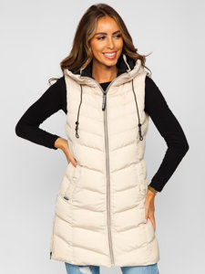 Women's Longline Quilted Gilet with Hood Beige Bolf 7048