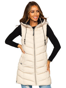 Women's Longline Quilted Gilet with Hood Beige Bolf 7048