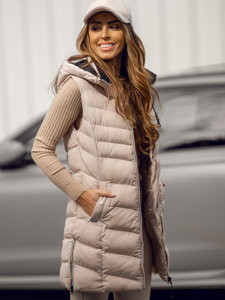 Women's Longline Quilted Gilet with Hood Beige Bolf 7048