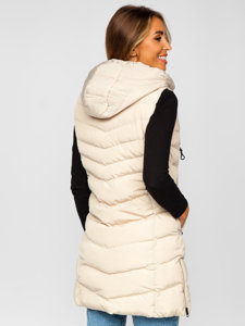 Women's Longline Quilted Gilet with Hood Beige Bolf 7048