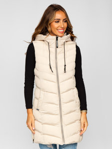 Women's Longline Quilted Gilet with Hood Beige Bolf 7048