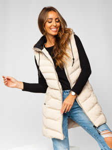 Women's Longline Quilted Gilet with Hood Beige Bolf 7048