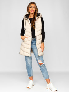 Women's Longline Quilted Gilet with Hood Beige Bolf 7048