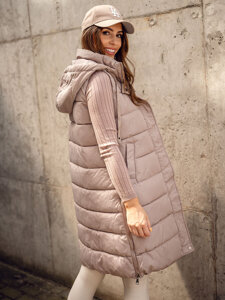 Women's Longline Quilted Gilet with hood Beige Bolf MY6315A