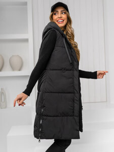 Women's Longline Quilted Gilet with hood Black Bolf 16M9093