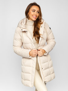 Women's Longline Quilted Winter Coat Jacket with Hood Beige Bolf 7086