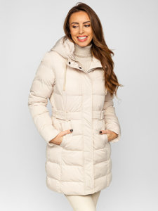 Women's Longline Quilted Winter Coat Jacket with Hood Beige Bolf 7086