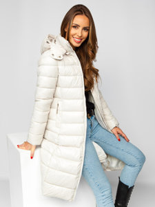 Women's Longline Quilted Winter Coat Jacket with Hood Beige Bolf MB0276