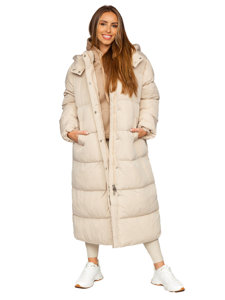 Women's Longline Quilted Winter Coat Jacket with Hood Beige Bolf R6702