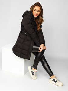 Women's Longline Quilted Winter Coat Jacket with Hood Black Bolf 7086