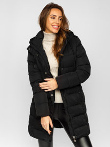 Women's Longline Quilted Winter Coat Jacket with Hood Black Bolf 7086