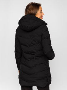 Women's Longline Quilted Winter Coat Jacket with Hood Black Bolf 7089