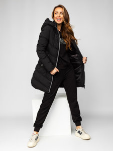 Women's Longline Quilted Winter Coat Jacket with Hood Black Bolf 7089