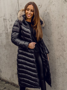 Women's Longline Quilted Winter Coat Jacket with Natural Fur Black Bolf M699