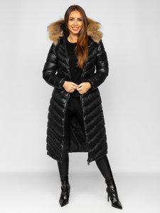 Women's Longline Quilted Winter Coat Jacket with Natural Fur Black Bolf M699