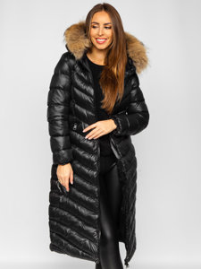 Women's Longline Quilted Winter Coat Jacket with Natural Fur Black Bolf M699