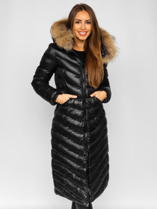 Women's Longline Quilted Winter Coat Jacket with Natural Fur Black Bolf M699